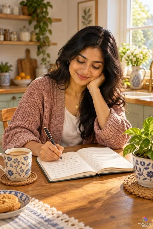 55x5 method: a young woman writing the same manifestation line again and again in a notebook at her kitchen table