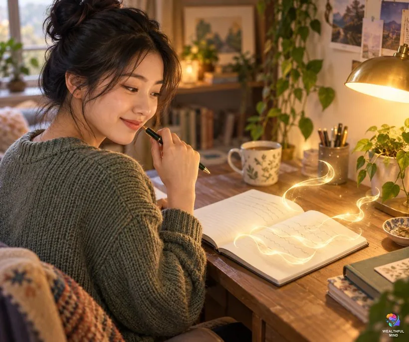 Why your 55x5 sentence starts to look strange: a young woman pausing as her repeated handwritten lines seem to blur