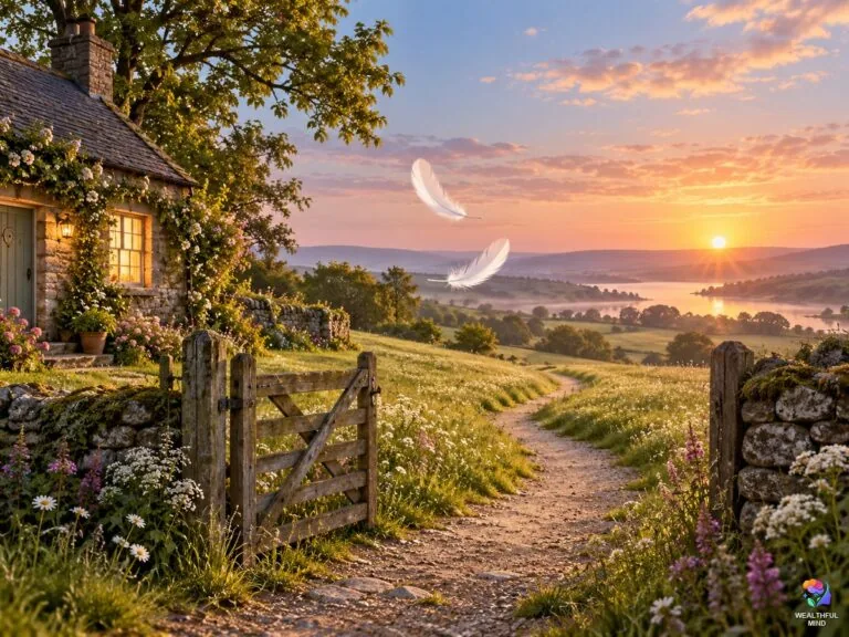 6161 angel number meaning: a glowing cottage and a path toward a bright dawn horizon with drifting white feathers
