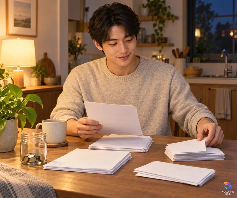 6161 angel number and money: a young man calmly sorting his bills at the kitchen table beside a small savings jar