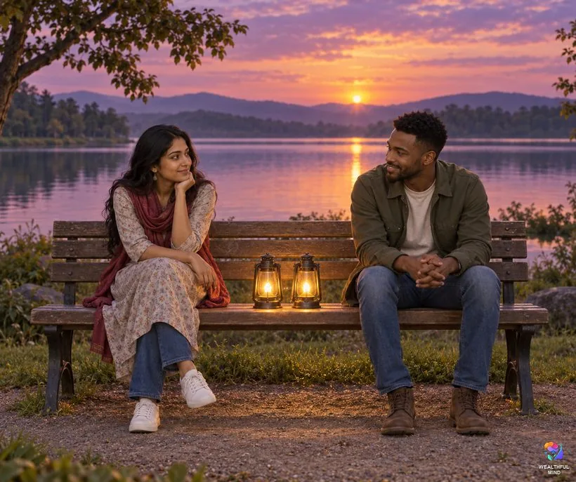 6161 angel number twin flame meaning: two young people on one bench by a lake at dusk, lanterns glowing between them