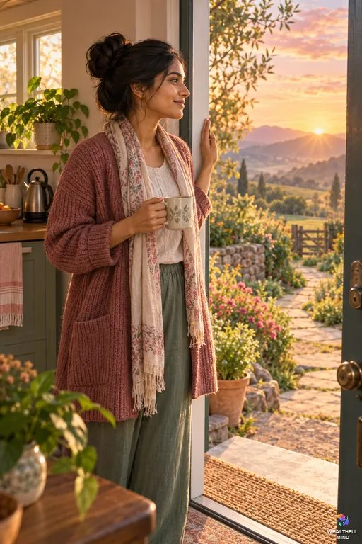 6161 angel number meaning: a young woman at the door of her warm home at sunrise, ready to step onto a new path