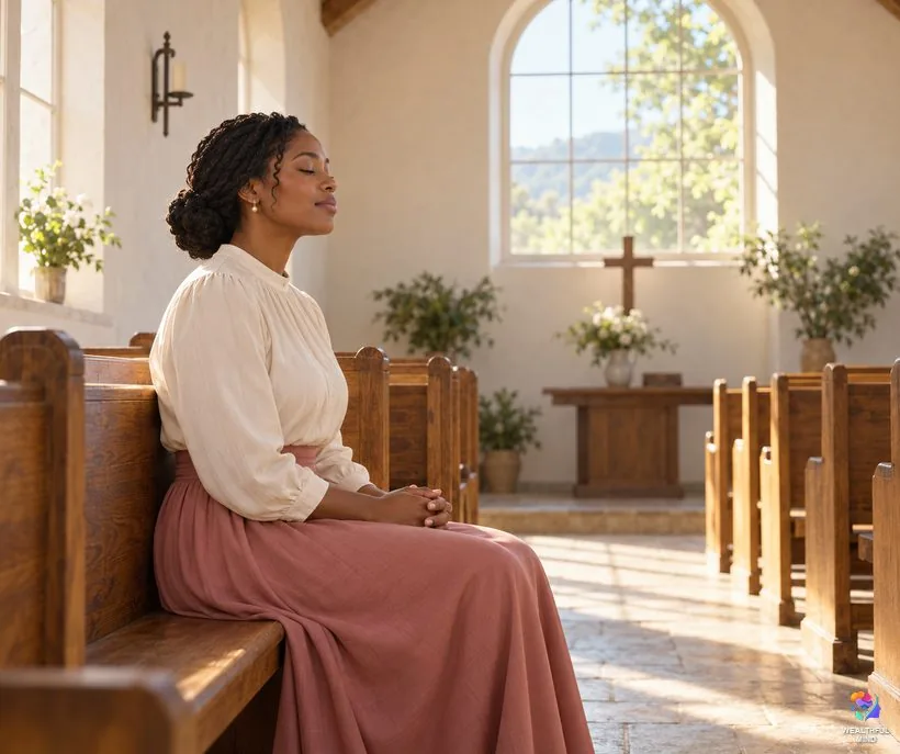 6161 biblical meaning: a young woman praying quietly in a sunlit chapel