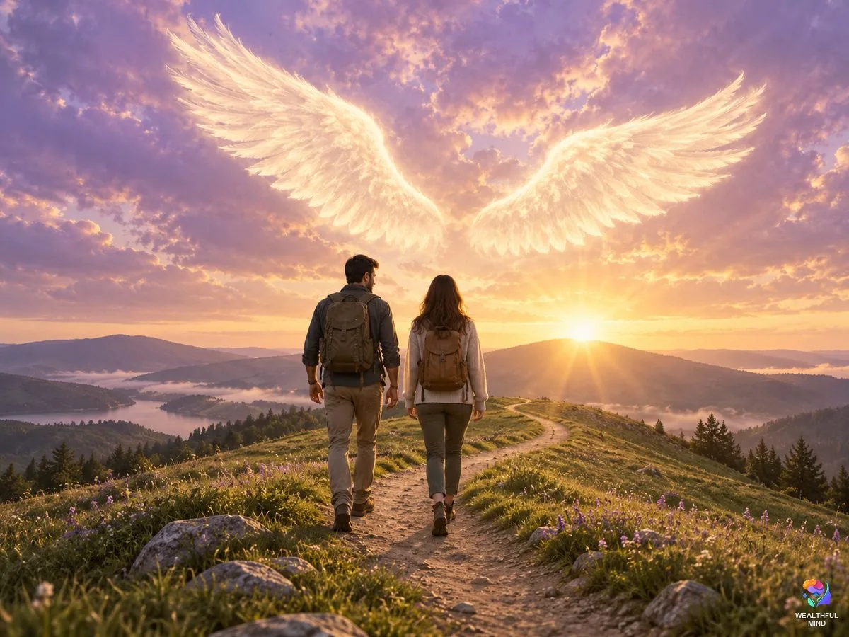 7482 angel number meaning: glowing angel wings over two people walking together toward the dawn
