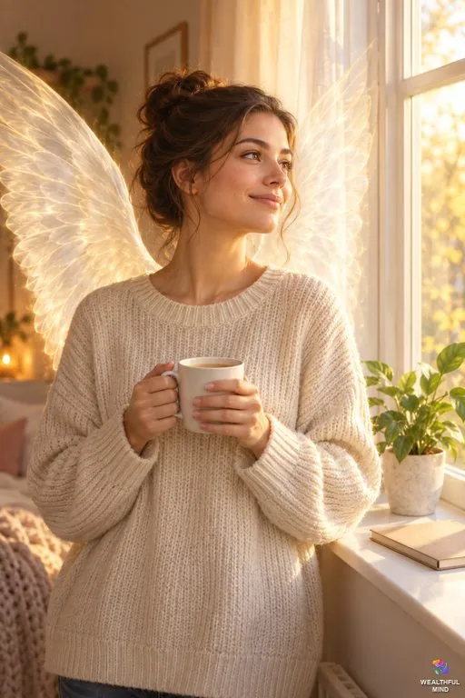 7482 angel number: a young woman at a sunlit window with faint glowing angel wings behind her