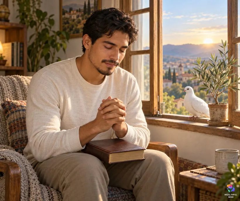 Is 8003 in the Bible: a young man praying by a window with a closed Bible as a white dove lands on the sill