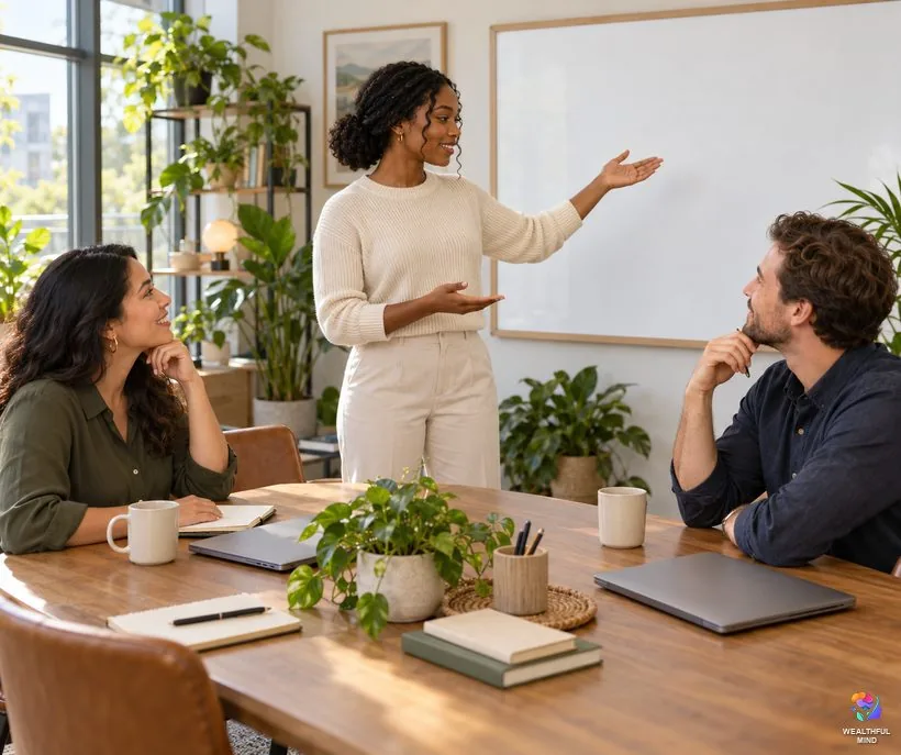8003 angel number for work and money: a young woman calmly bringing two arguing colleagues together in a meeting