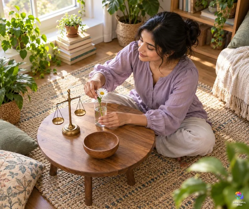 8003 digits meaning: a young woman arranging a small balance scale, an empty bowl and a flower on a table