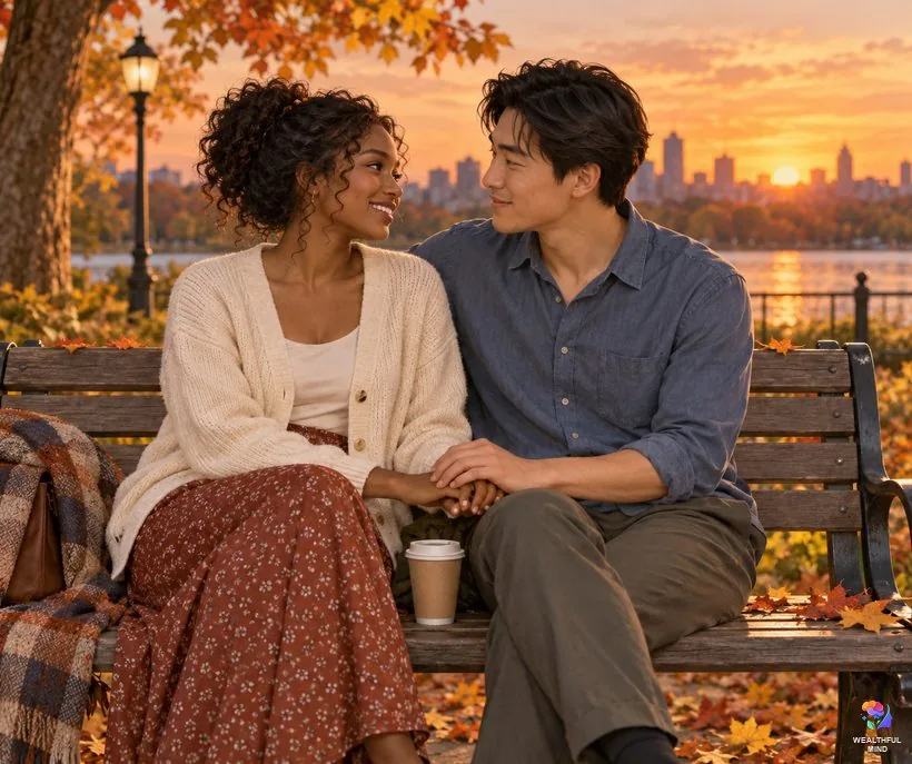 8003 angel number meaning in love: a young couple talking warmly on a park bench at sunset