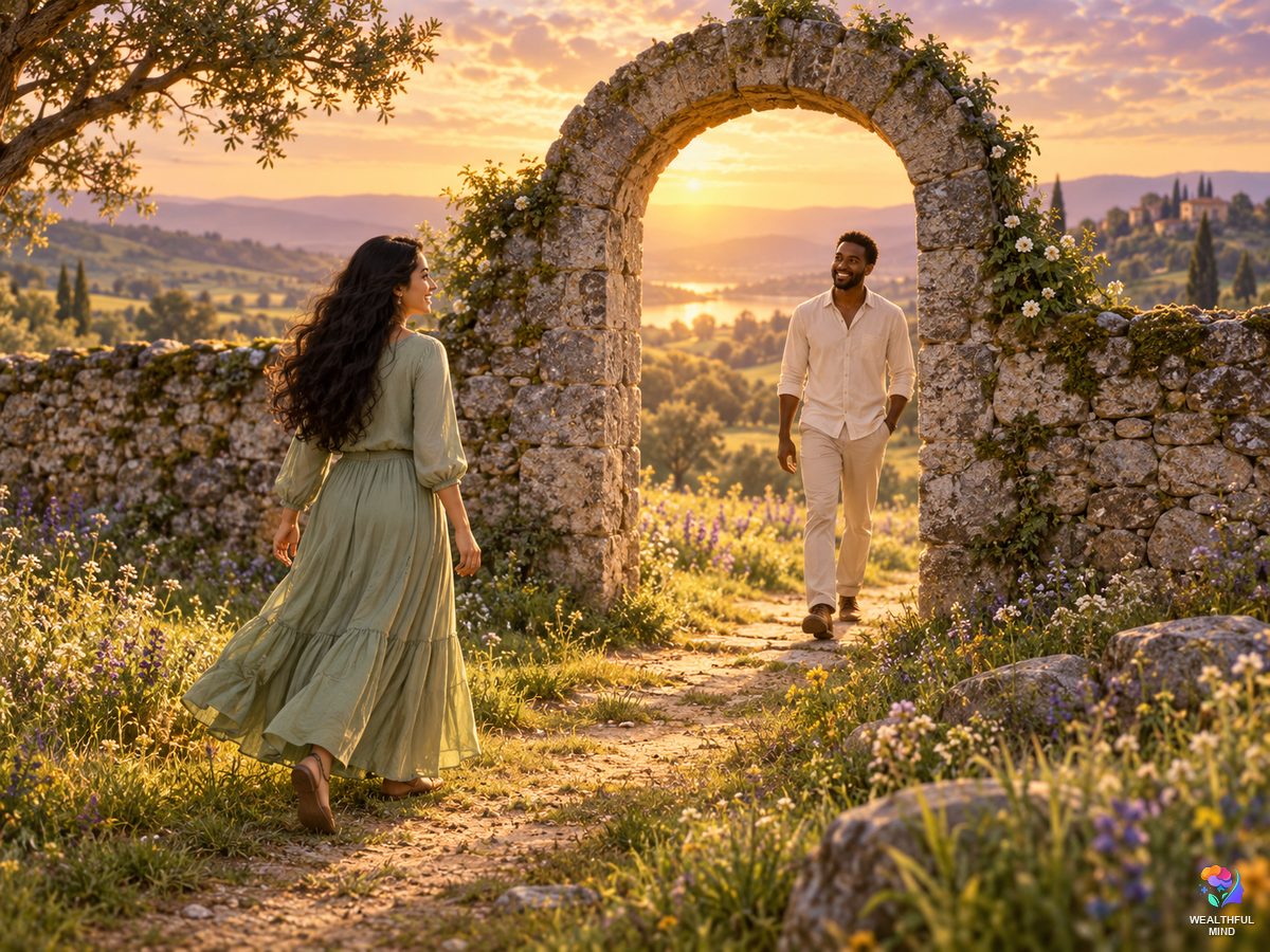 8003 angel number meaning: two people walking toward an open arch in a stone wall under a golden sky