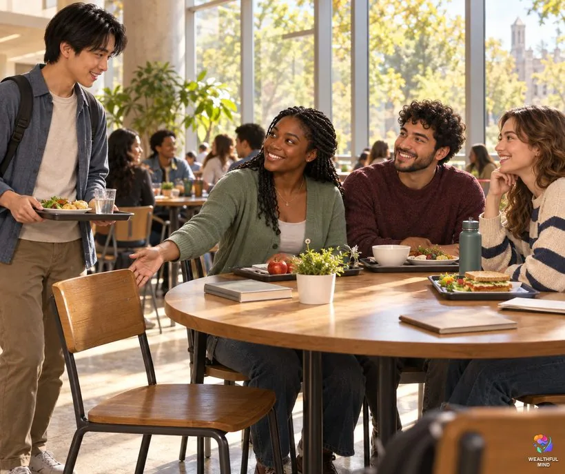 An act of kindness that brightens someone's day: a young woman inviting a student eating alone to join her table