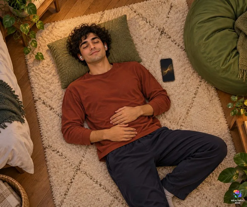 ADHD method guided meditation: a young man lying on a rug with earbuds, listening with his eyes closed