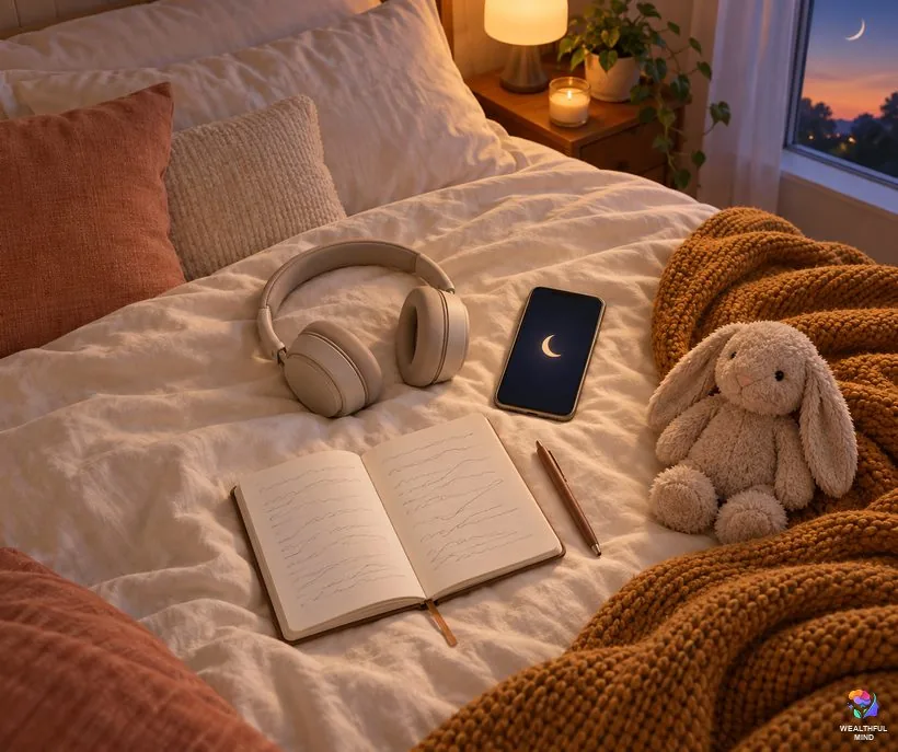 What you need for the ADHD shifting method: headphones, a phone on do not disturb, a notebook and a soft toy on a bed