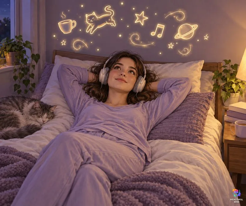 When your mind won't settle during the ADHD method: a young woman with headphones as playful thoughts drift above her