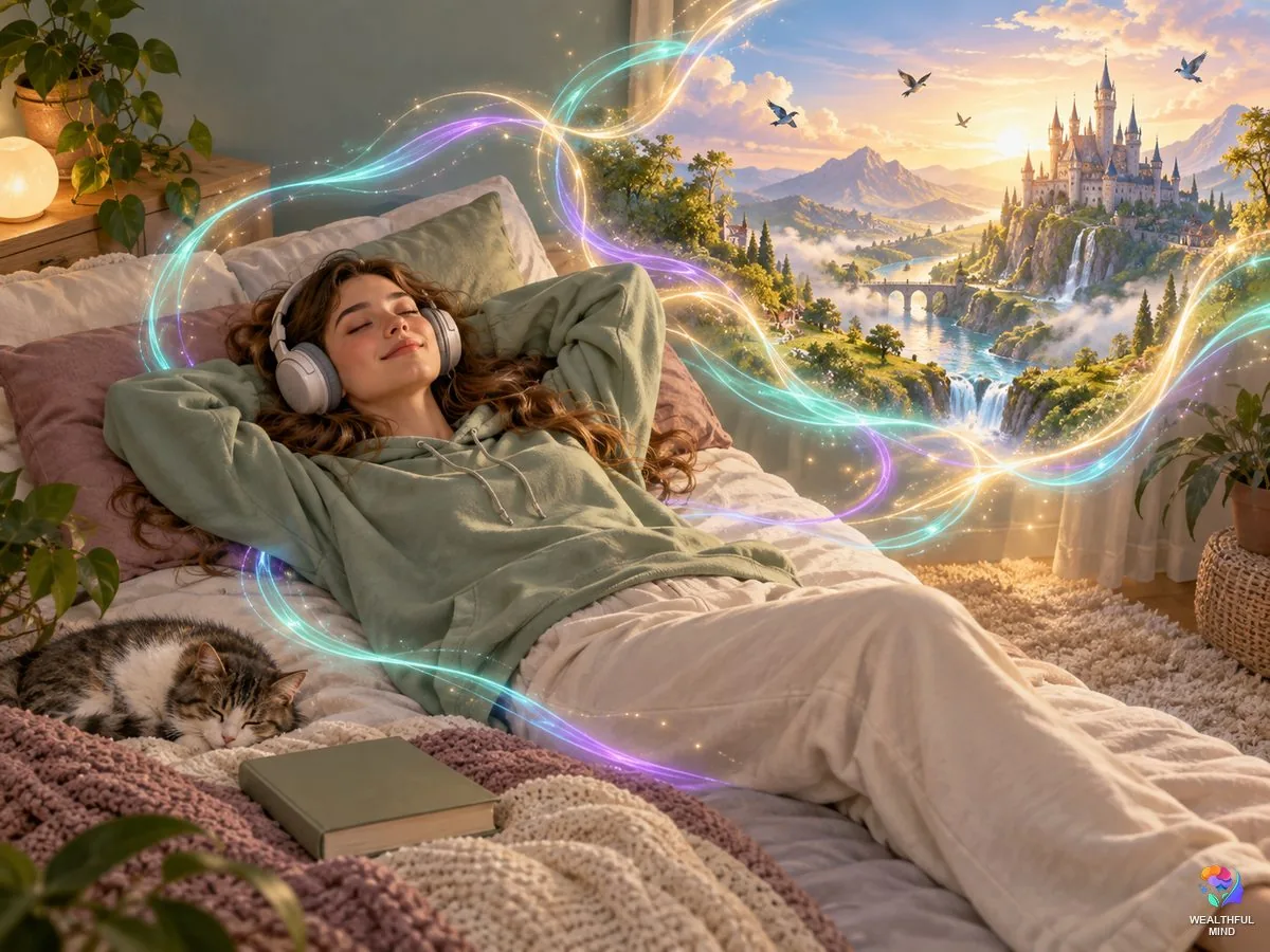 ADHD shifting method: a young woman with headphones as swirling 8D sound opens a window to her desired reality