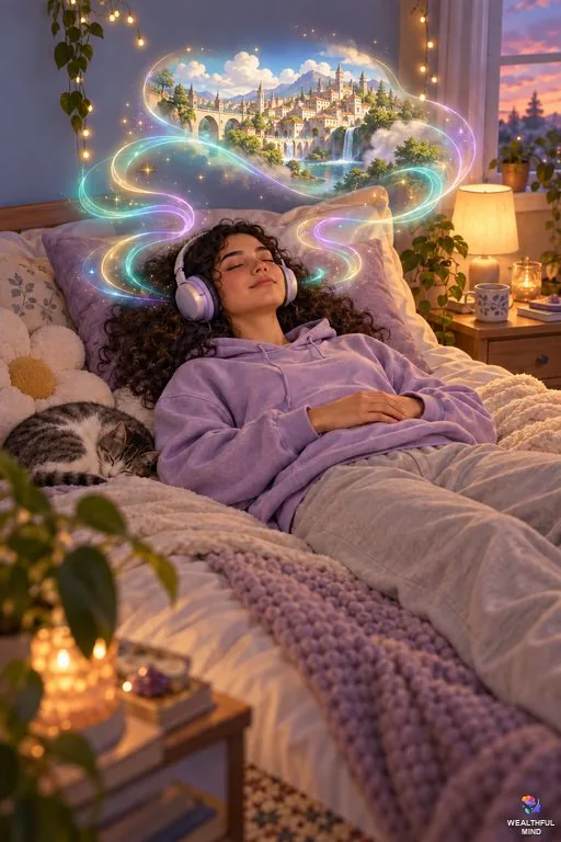 ADHD shifting method: a young woman lying on her bed with headphones as glowing 8D sound circles her head