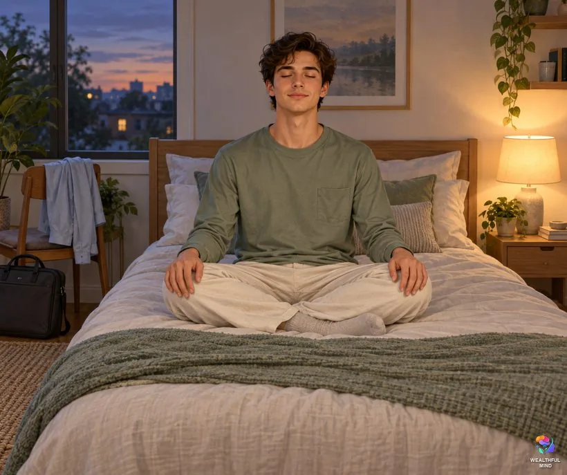 Adult shifter relaxing into a shifting method on his bed after work, a work shirt over the chair