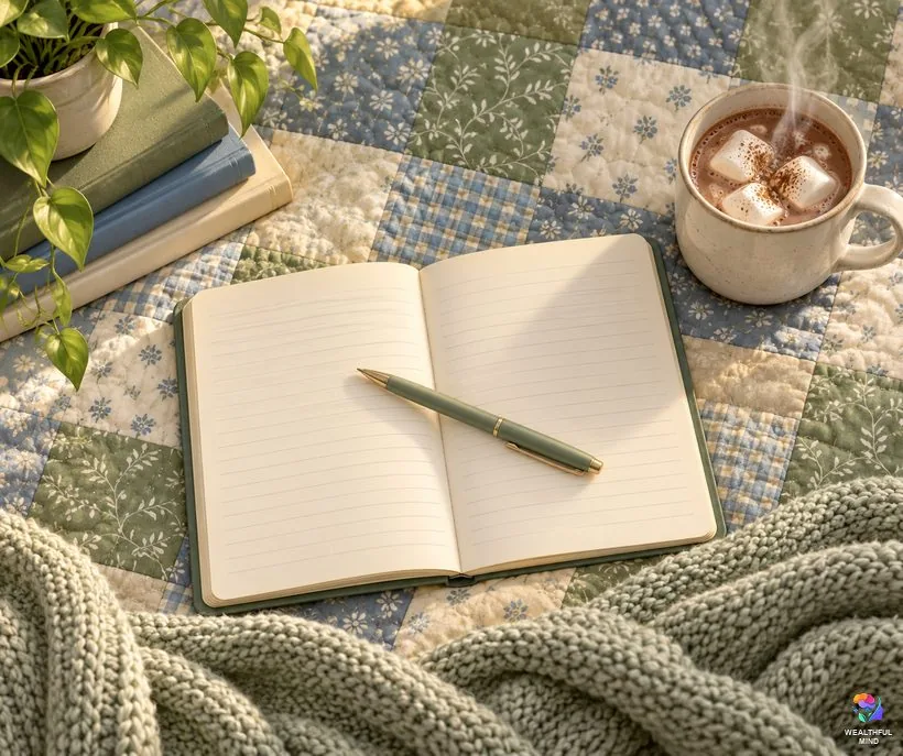 After a short visit to your DR: a blank notebook, a pen and a mug of cocoa on a quilt, ready to write it down