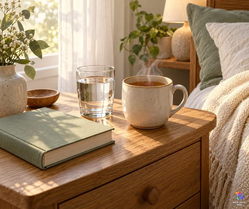 After coming back from shifting: a glass of water and a warm mug on a bedside table in morning light