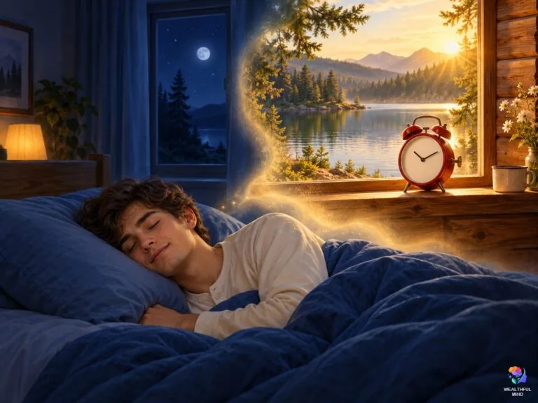 Alarm method shifting: a young man asleep as a path of light opens to an alarm clock in his desired reality