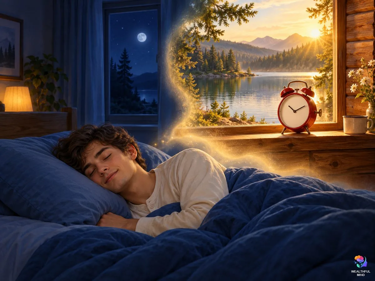 Alarm method shifting: a young man asleep as a path of light opens to an alarm clock in his desired reality