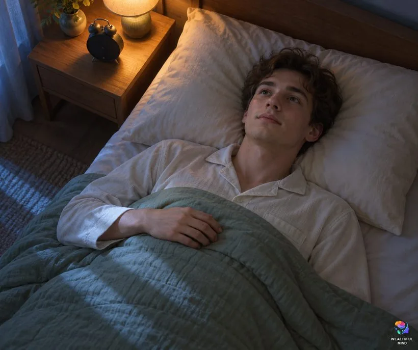 Alarm method problems: a young man lying awake after his night alarm, calm and patient