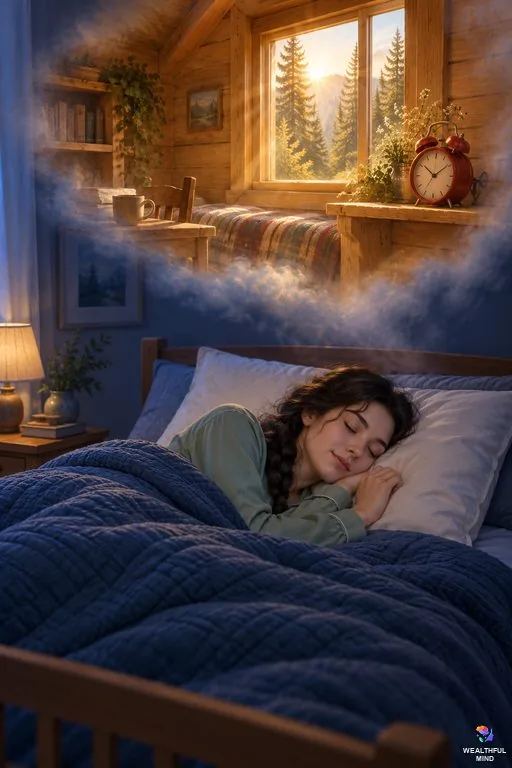 Alarm method shifting: a young woman asleep while an alarm clock waits in the sunlit room of her desired reality