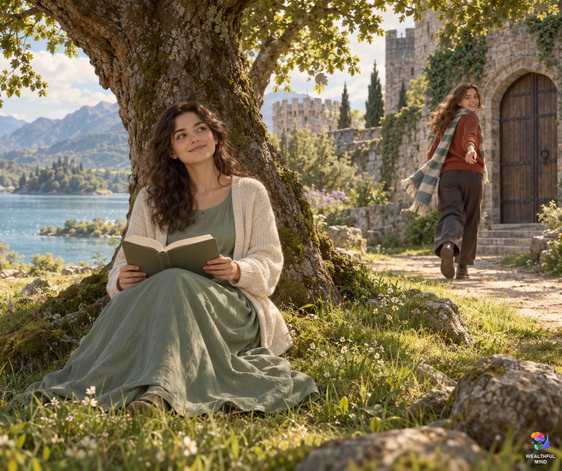 The Alice in Wonderland method for Hogwarts: a young woman by a lake as a friend in a scarf runs toward a castle door