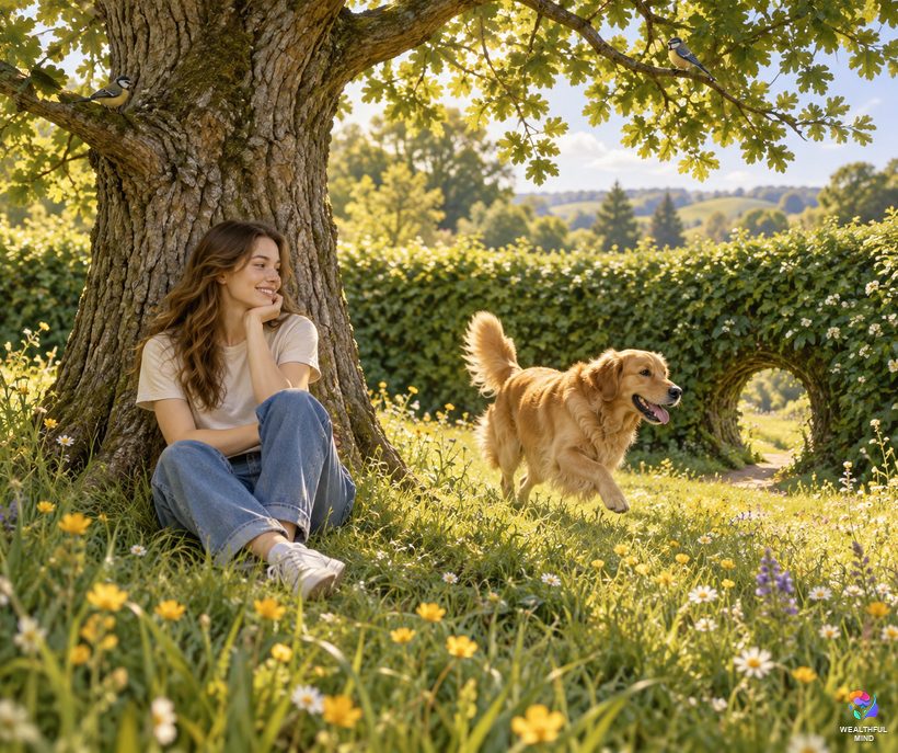 Alice in Wonderland method versions: a young woman under a tree watching a dog run toward a rabbit hole as her guide