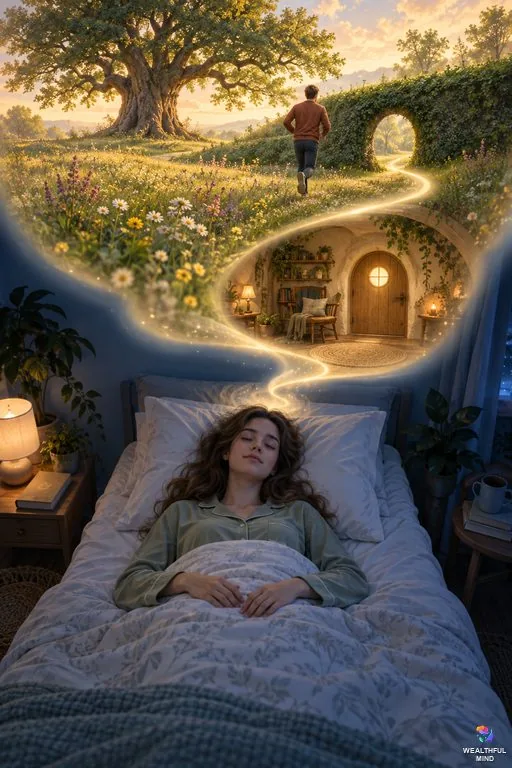 Alice in Wonderland shifting method: a young woman asleep on her back as a dream of a tree, a rabbit hole and a little door rises above her