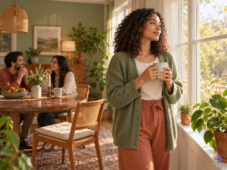 Am I selfish: a young woman reflecting by the window while her friends gather at the table behind her