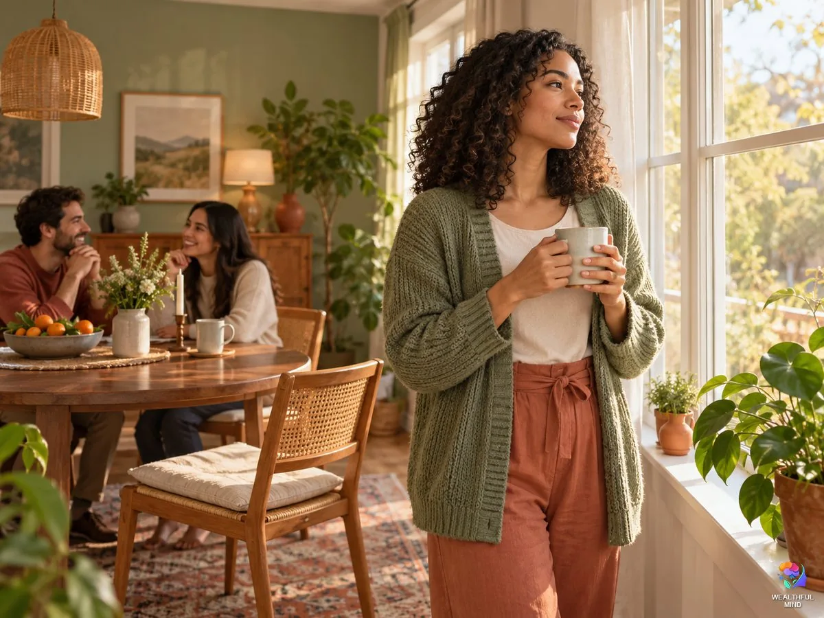 Am I selfish: a young woman reflecting by the window while her friends gather at the table behind her
