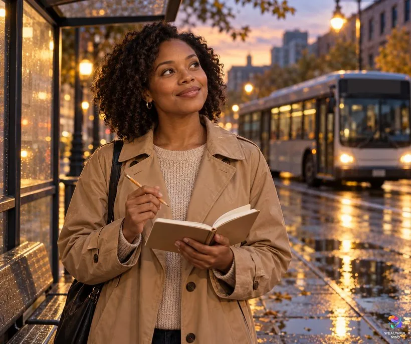 Finding your angel number from repeated sightings: a young woman at a bus stop pauses to note a number in her log