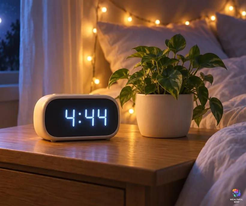 Angel numbers: a bedside clock glowing 4:44 at night