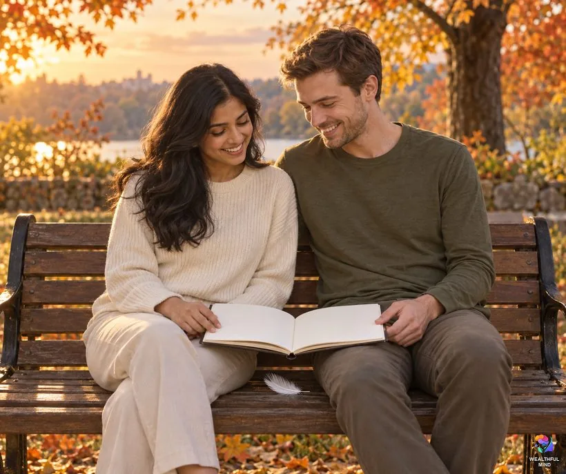 Angel numbers for love and twin flames: a young couple share a journal on a park bench with a white feather beside them