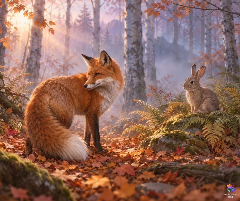 Animal signs: a fox looking back in a misty forest, with a rabbit in the ferns