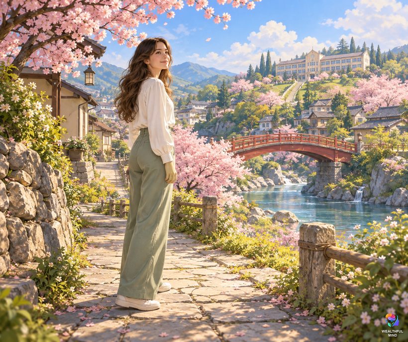 Anime desired reality ideas: a young woman stepping into a bright hand-painted anime town with cherry blossoms and a school on a hill
