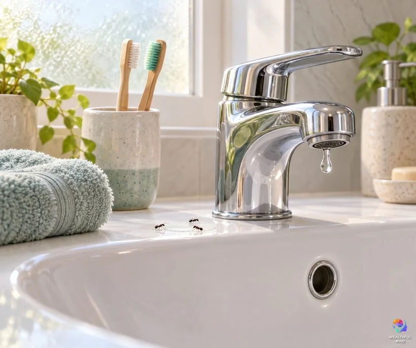 Ants in the bathroom: a few small black ants near a dripping tap on a clean white sink