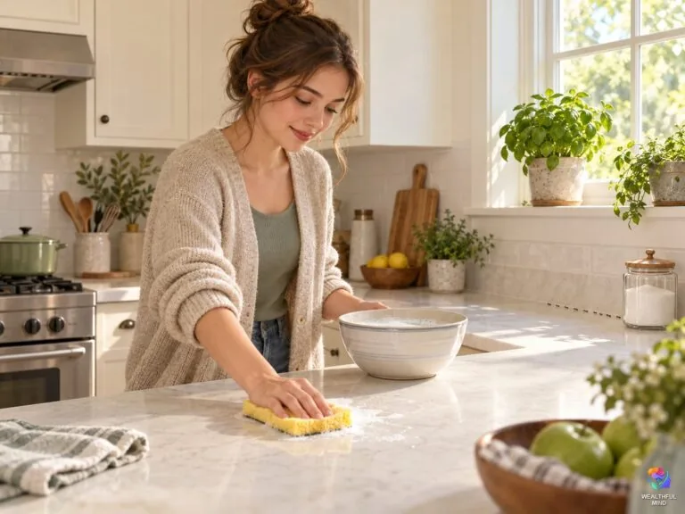Ants in the house: a young woman wiping a short ant trail off a bright kitchen counter in morning light