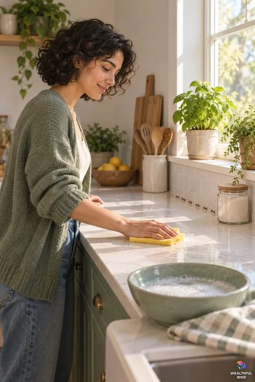 Spiritual meaning of ants in the house: a young woman calmly wiping a short ant trail off a sunny kitchen counter