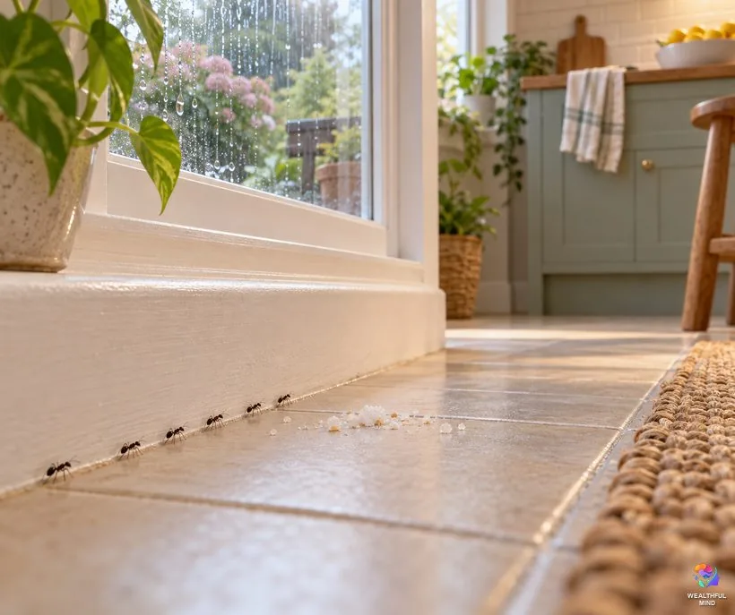 Ants suddenly in the house: a thin ant trail along a kitchen baseboard toward spilled sugar on a rainy day