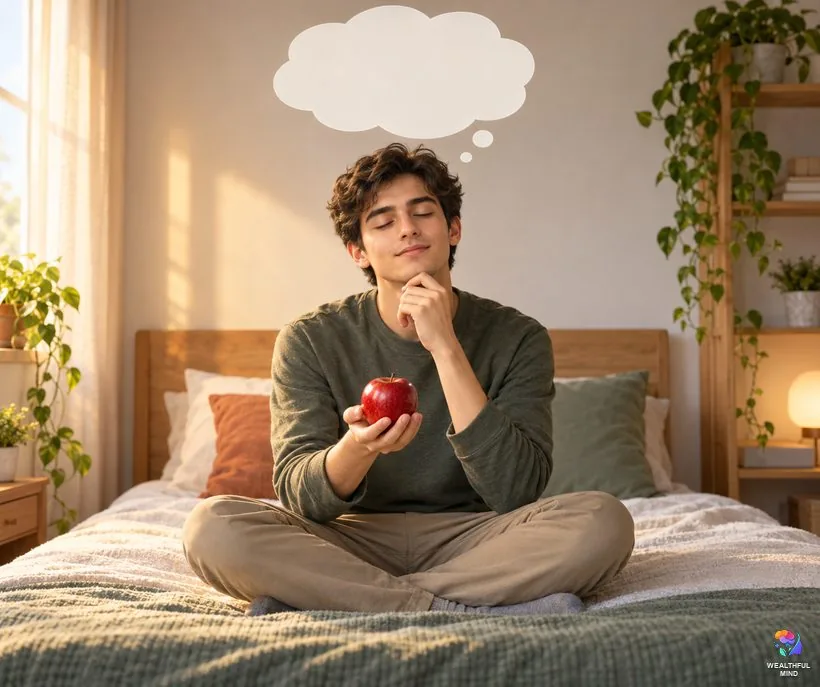 Aphantasia apple test: a young man with closed eyes holding a red apple beside an empty thought bubble