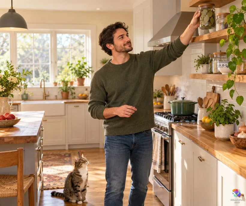 Bay leaves and pets: a man putting a jar of bay leaves on a high shelf away from his curious cat