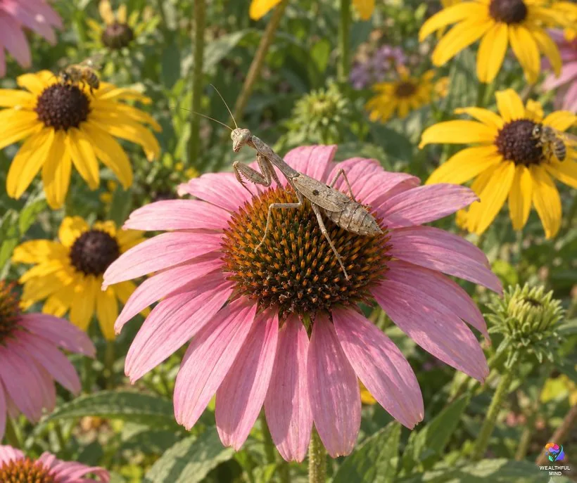 Are praying mantises rare or protected: a gray-brown Carolina mantis on a coneflower in a native wildflower garden