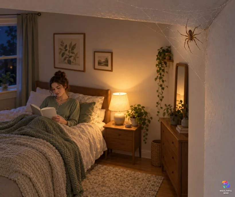Are spiders monitoring spirits: a young woman reading calmly in bed while a small spider rests in a far ceiling corner