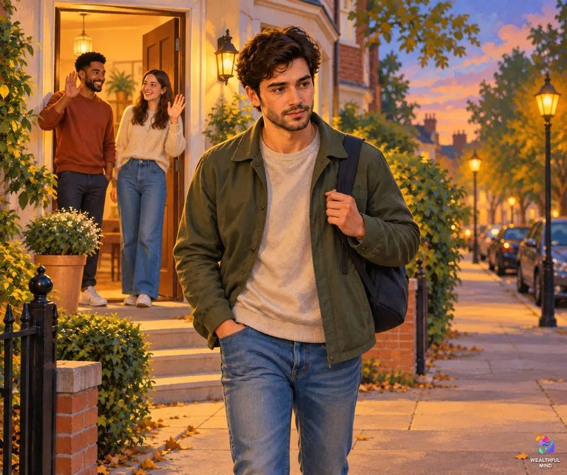 Are you really being ignored: a young man walking home worried while his friends smile and wave behind him