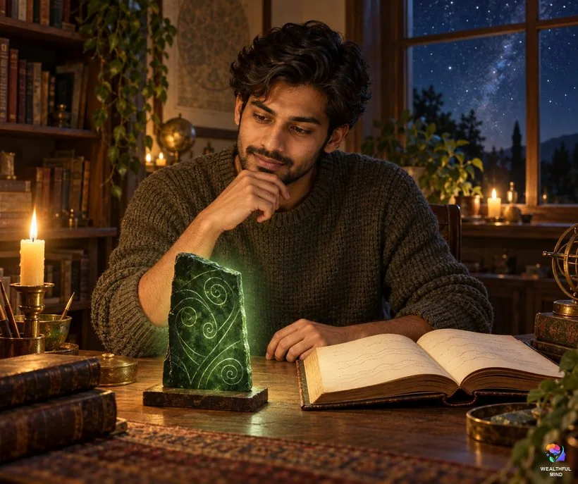 Where as above, so below comes from: a young man studying a glowing green stone tablet and an old book by candlelight