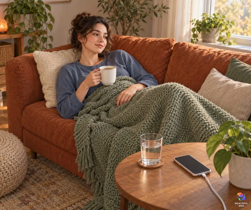 Ascension flu: a tired young woman resting on a sofa under a blanket with a mug of tea