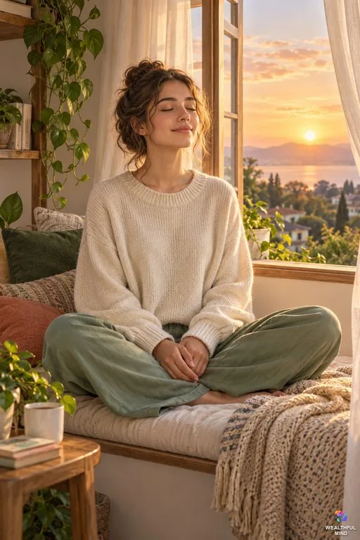 Ascension symptoms: a young woman sitting calmly with closed eyes by a sunlit window at dawn