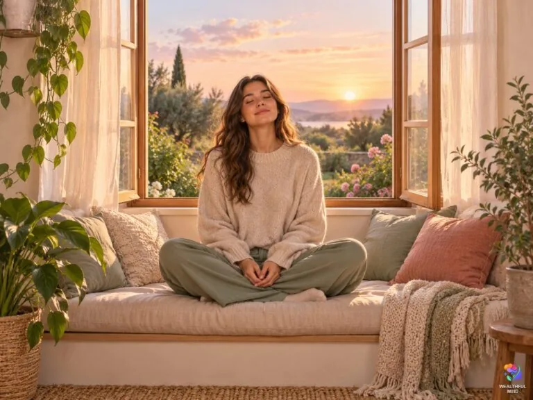 Ascension symptoms: a young woman meditating calmly by a sunlit window at dawn